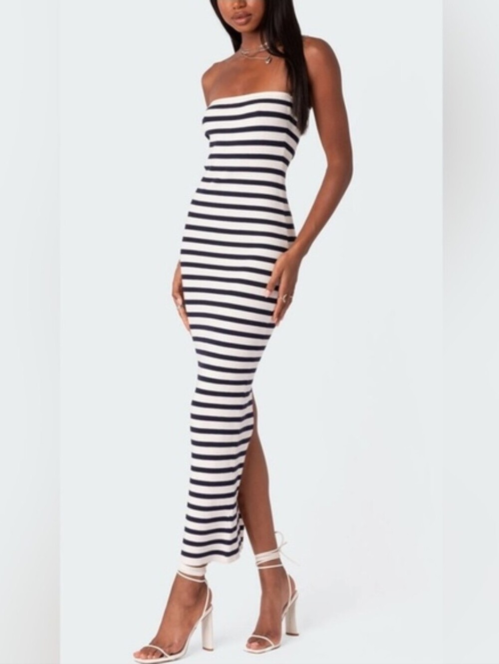 Edikted Navy and White Strapless Ribbed Maxi Dress Size Xsmall #13